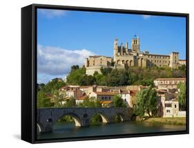 Cathedral Saint-Nazaire and Pont Vieux (Old Bridge) over River Orb, Beziers, Herault, France-Tuul-Framed Stretched Canvas