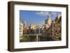 Cathedral towers above distinctive historic colourful arcaded houses and Onyar River, Girona, Giron-Eleanor Scriven-Framed Photographic Print