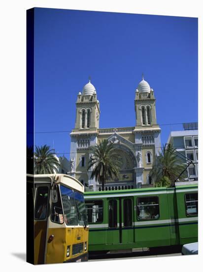 Cathedral with Bus and Tram in Foreground, Tunis, Tunisia, North Africa, Africa-Nelly Boyd-Stretched Canvas