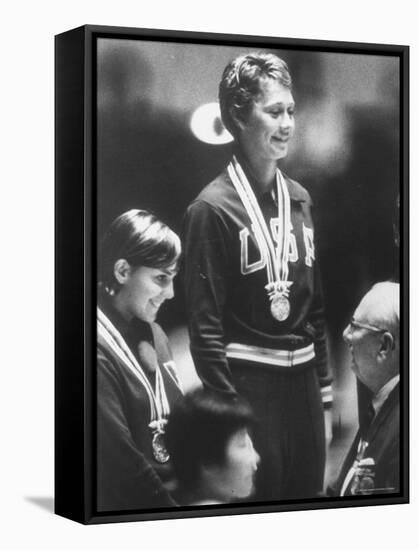 Cathy Ferguson Smiling Being Awarded the Gold Medal at Summer Olympic Games-Art Rickerby-Framed Stretched Canvas