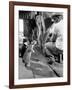 Cats Blackie and Brownie Catching Squirts of Milk During Milking at Arch Badertscher's Dairy Farm-Nat Farbman-Framed Photographic Print