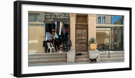 Cats on the steps of a clothing store, Downtown Haifa, Haifa, Israel-null-Framed Photographic Print