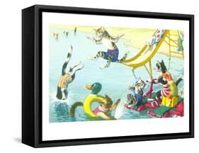 Cats Sliding into Swimming Pool-null-Framed Stretched Canvas