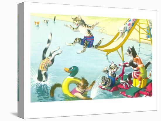 Cats Sliding into Swimming Pool-null-Stretched Canvas