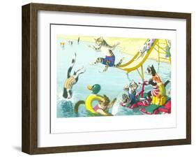 Cats Sliding into Swimming Pool-null-Framed Art Print