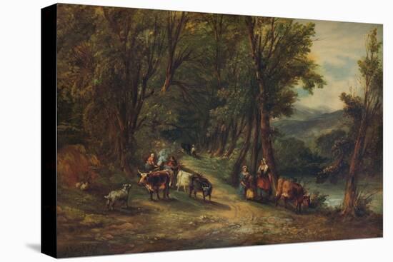 'Cattle and Figures in Wooded Valley with Stream', 1860, (1938)-Alfred Vickers-Stretched Canvas