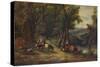'Cattle and Figures in Wooded Valley with Stream', 1860, (1938)-Alfred Vickers-Stretched Canvas