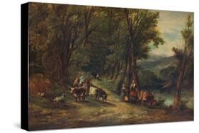'Cattle and Figures in Wooded Valley with Stream', 1860, (1938)-Alfred Vickers-Stretched Canvas