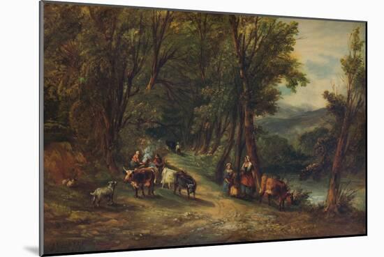 'Cattle and Figures in Wooded Valley with Stream', 1860, (1938)-Alfred Vickers-Mounted Giclee Print