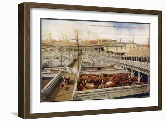 Cattle Awaiting Slaughter in the Union Stock Yards Chicago, Note the Boards for Armour and Swift-null-Framed Art Print