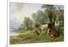 Cattle in a Farmyard Along a River with a Fisherman Beyond, 1881-Johann Friedrich Voltz-Framed Giclee Print