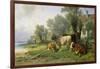 Cattle in a Farmyard Along a River with a Fisherman Beyond, 1881-Johann Friedrich Voltz-Framed Giclee Print