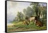 Cattle in a Farmyard Along a River with a Fisherman Beyond, 1881-Johann Friedrich Voltz-Framed Stretched Canvas