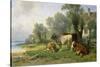 Cattle in a Farmyard Along a River with a Fisherman Beyond, 1881-Johann Friedrich Voltz-Stretched Canvas