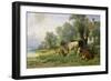 Cattle in a Farmyard Along a River with a Fisherman Beyond, 1881-Johann Friedrich Voltz-Framed Giclee Print