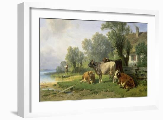 Cattle in a Farmyard Along a River with a Fisherman Beyond, 1881-Johann Friedrich Voltz-Framed Giclee Print