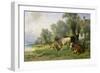 Cattle in a Farmyard Along a River with a Fisherman Beyond, 1881-Johann Friedrich Voltz-Framed Giclee Print