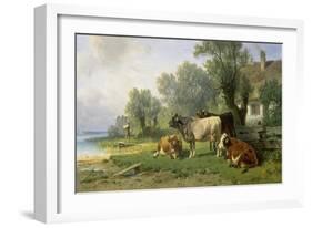 Cattle in a Farmyard Along a River with a Fisherman Beyond, 1881-Johann Friedrich Voltz-Framed Giclee Print