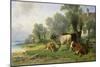 Cattle in a Farmyard Along a River with a Fisherman Beyond, 1881-Johann Friedrich Voltz-Mounted Giclee Print