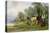 Cattle in a Farmyard Along a River with a Fisherman Beyond, 1881-Johann Friedrich Voltz-Stretched Canvas