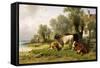 Cattle in a Farmyard Along a River with a Fisherman Beyond, 1881-Friedrich Johann Voltz-Framed Stretched Canvas