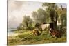 Cattle in a Farmyard Along a River with a Fisherman Beyond, 1881-Friedrich Johann Voltz-Stretched Canvas