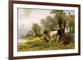 Cattle in a Farmyard Along a River with a Fisherman Beyond, 1881-Friedrich Johann Voltz-Framed Giclee Print