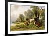 Cattle in a Farmyard Along a River with a Fisherman Beyond, 1881-Friedrich Johann Voltz-Framed Giclee Print