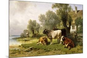 Cattle in a Farmyard Along a River with a Fisherman Beyond, 1881-Friedrich Johann Voltz-Mounted Giclee Print