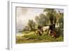 Cattle in a Farmyard Along a River with a Fisherman Beyond, 1881-Friedrich Johann Voltz-Framed Giclee Print