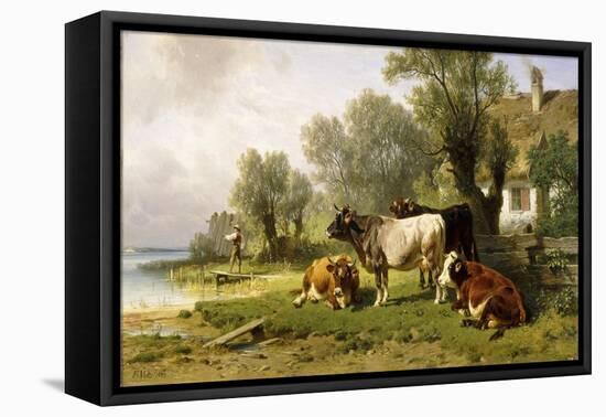 Cattle in a Farmyard Along a River with a Fisherman Beyond, 1881-Friedrich Johann Voltz-Framed Stretched Canvas