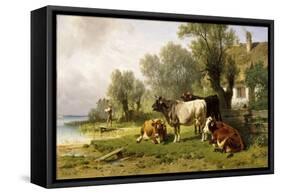 Cattle in a Farmyard Along a River with a Fisherman Beyond, 1881-Friedrich Johann Voltz-Framed Stretched Canvas