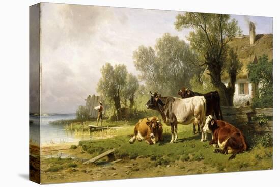 Cattle in a Farmyard Along a River with a Fisherman Beyond, 1881-Friedrich Johann Voltz-Stretched Canvas