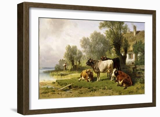 Cattle in a Farmyard Along a River with a Fisherman Beyond, 1881-Friedrich Johann Voltz-Framed Giclee Print