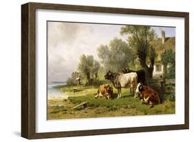 Cattle in a Farmyard Along a River with a Fisherman Beyond, 1881-Friedrich Johann Voltz-Framed Giclee Print