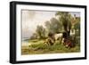 Cattle in a Farmyard Along a River with a Fisherman Beyond, 1881-Friedrich Johann Voltz-Framed Giclee Print