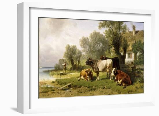 Cattle in a Farmyard Along a River with a Fisherman Beyond, 1881-Friedrich Johann Voltz-Framed Giclee Print