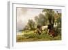 Cattle in a Farmyard Along a River with a Fisherman Beyond, 1881-Friedrich Johann Voltz-Framed Giclee Print