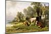 Cattle in a Farmyard Along a River with a Fisherman Beyond, 1881-Friedrich Johann Voltz-Mounted Giclee Print