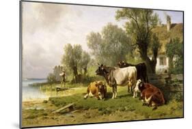 Cattle in a Farmyard Along a River with a Fisherman Beyond, 1881-Friedrich Johann Voltz-Mounted Giclee Print