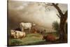 Cattle in a Field, with Travellers in a Wagon on a Track Beyond and a Church Tower in the…-Paulus Potter-Stretched Canvas