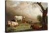 Cattle in a Field, with Travellers in a Wagon on a Track Beyond and a Church Tower in the…-Paulus Potter-Stretched Canvas