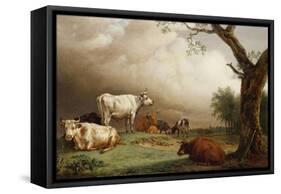 Cattle in a Field, with Travellers in a Wagon on a Track Beyond and a Church Tower in the…-Paulus Potter-Framed Stretched Canvas