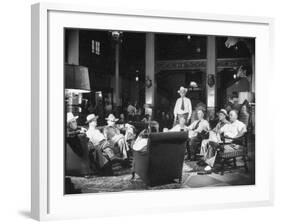 Cattle Men and Natives of San Angelo Sitting in the Lobby of the Cactus Hotel-null-Framed Photographic Print