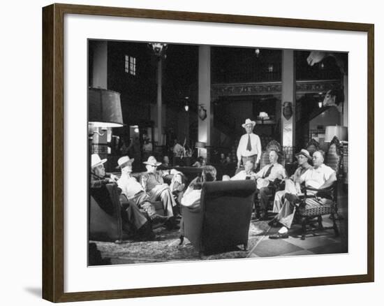 Cattle Men and Natives of San Angelo Sitting in the Lobby of the Cactus Hotel-null-Framed Photographic Print