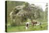 Cattle, Normandy Cows under Tree in Blossom-null-Stretched Canvas