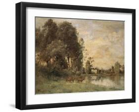 Cattle Watering by a Lake with a Chateau Beyond-Leon Bakst-Framed Giclee Print