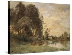 Cattle Watering by a Lake with a Chateau Beyond-Leon Bakst-Stretched Canvas