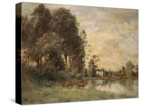 Cattle Watering by a Lake with a Chateau Beyond-Leon Bakst-Stretched Canvas