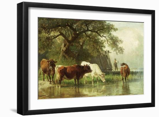 Cattle Watering in a River Landscape, 19th Century-Friedrich Voltz-Framed Premium Giclee Print